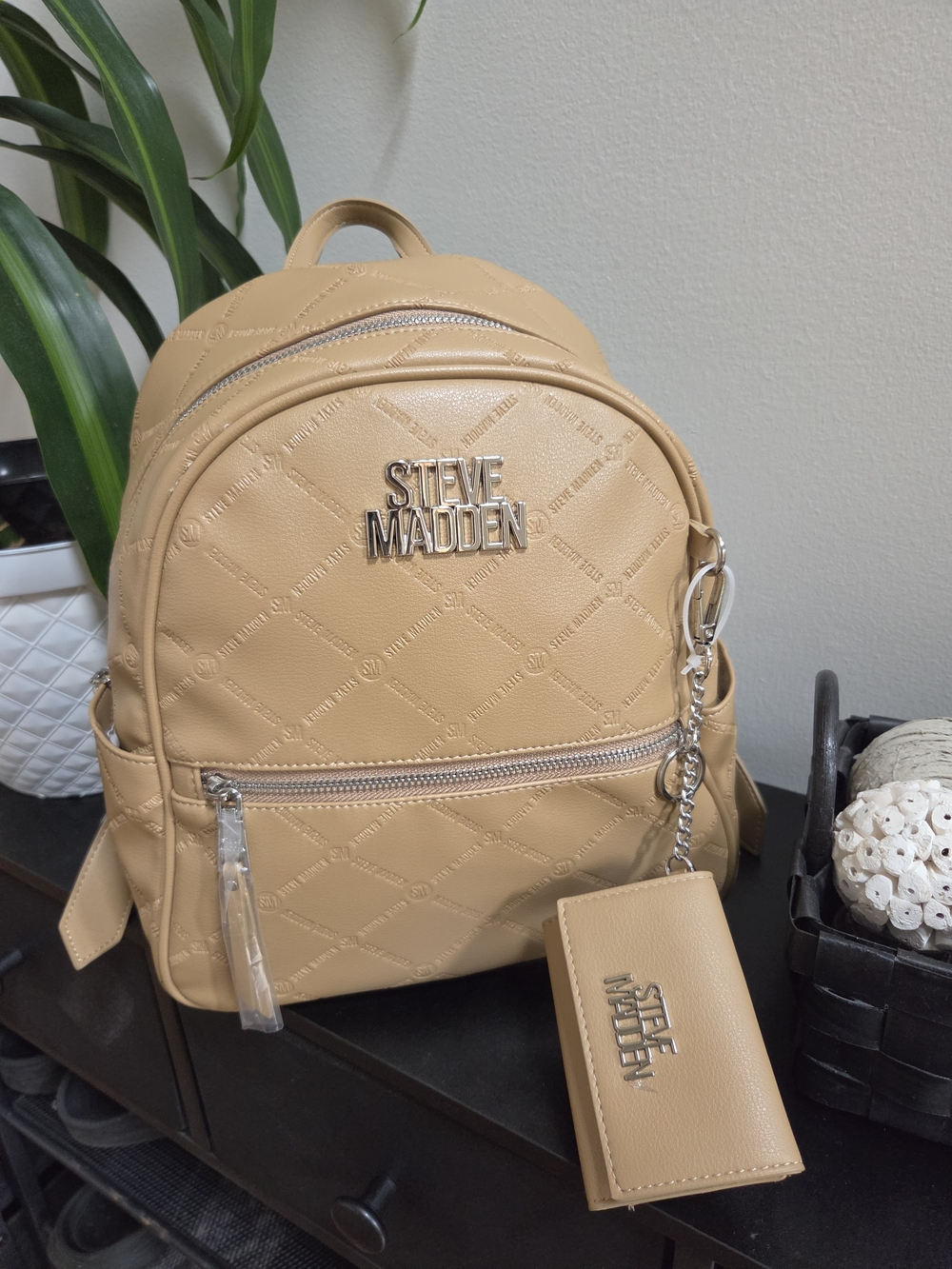 Steve Madden Monogram Domed Tan Backpack with Card Holder